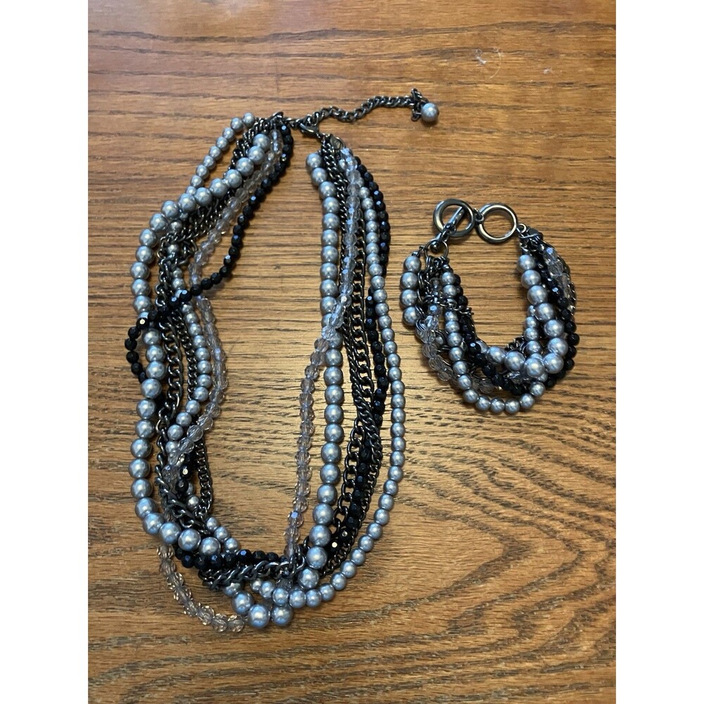Premier Designs Necklace MultiStrand & Bracelet Black Silver Bead Chains Layered